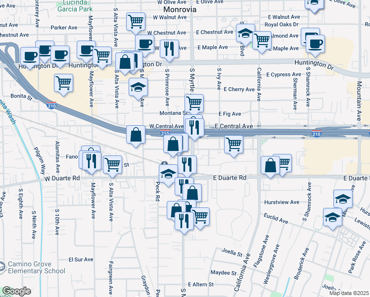 map of restaurants, bars, coffee shops, grocery stores, and more near 130 West Pomona Avenue in Monrovia
