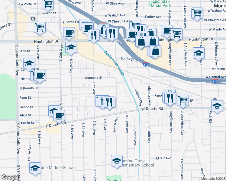 map of restaurants, bars, coffee shops, grocery stores, and more near 1610 Encino Avenue in Monrovia