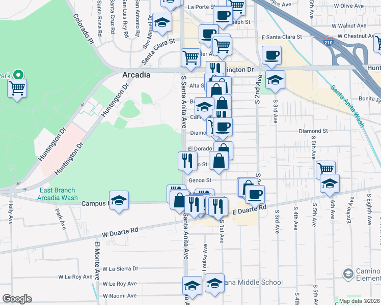 map of restaurants, bars, coffee shops, grocery stores, and more near 19 Fano Street in Arcadia