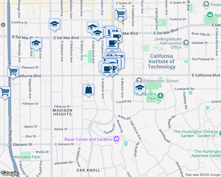 map of restaurants, bars, coffee shops, grocery stores, and more near 677 South Lake Avenue in Pasadena