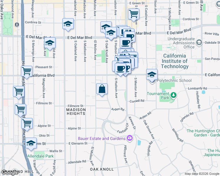 map of restaurants, bars, coffee shops, grocery stores, and more near 685 South Hudson Avenue in Pasadena