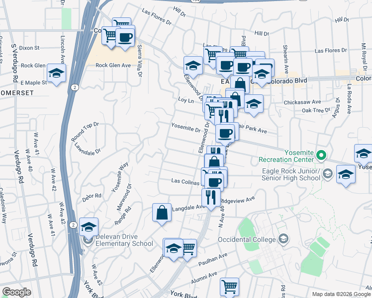 map of restaurants, bars, coffee shops, grocery stores, and more near 2354 Laverna Avenue in Los Angeles