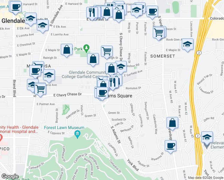 map of restaurants, bars, coffee shops, grocery stores, and more near 1124 East Chevy Chase Drive in Glendale