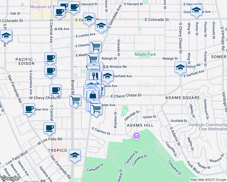 map of restaurants, bars, coffee shops, grocery stores, and more near 1023 Boynton Street in Glendale