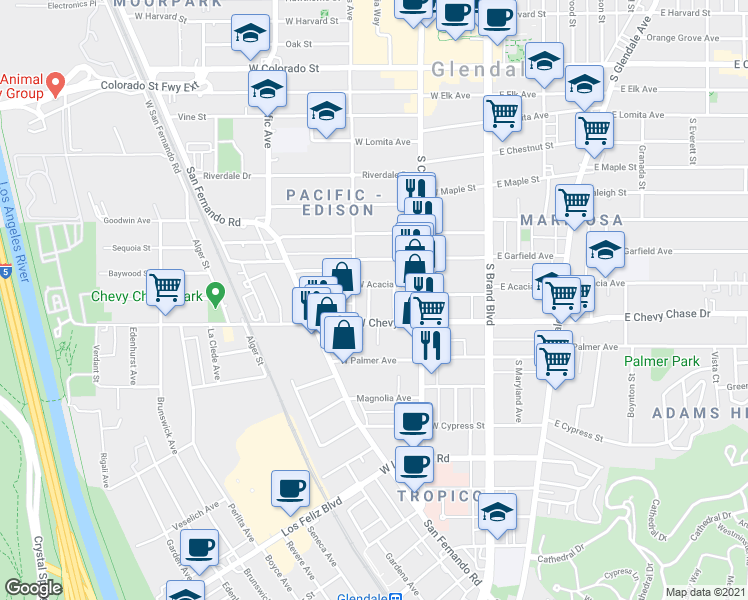 map of restaurants, bars, coffee shops, grocery stores, and more near 1099 Florence Place in Glendale