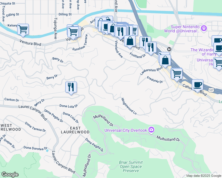 map of restaurants, bars, coffee shops, grocery stores, and more near 3540 Willowcrest Avenue in Los Angeles