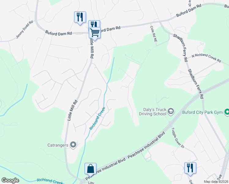 map of restaurants, bars, coffee shops, grocery stores, and more near 2210 Mina Lane Drive Northeast in Buford