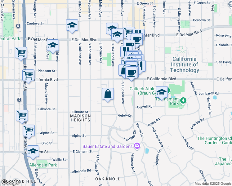 map of restaurants, bars, coffee shops, grocery stores, and more near 685 South Hudson Avenue in Pasadena