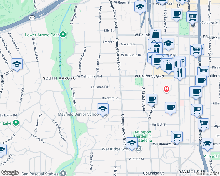 map of restaurants, bars, coffee shops, grocery stores, and more near 490 La Loma Road in Pasadena