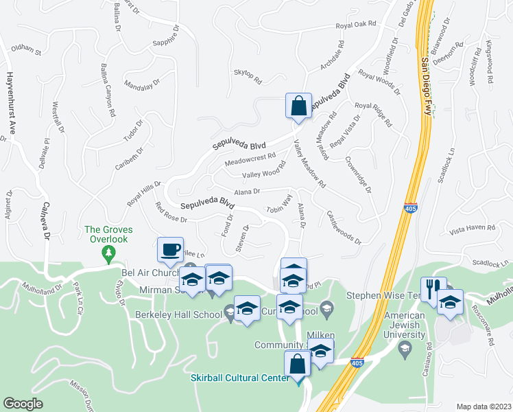 map of restaurants, bars, coffee shops, grocery stores, and more near 15984 Tobin Way in Los Angeles
