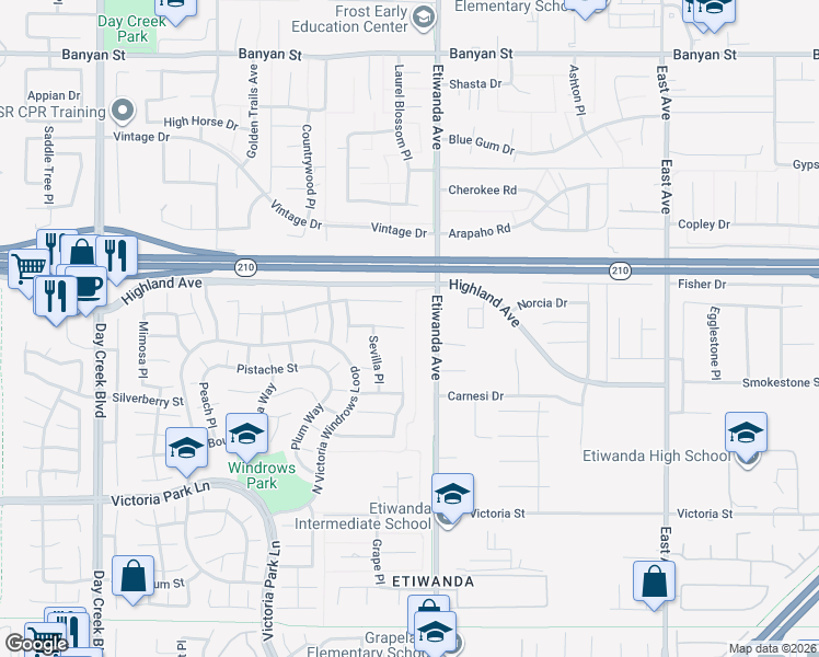map of restaurants, bars, coffee shops, grocery stores, and more near 12846 Carissa Court in Rancho Cucamonga