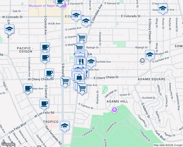map of restaurants, bars, coffee shops, grocery stores, and more near 440 East Acacia Avenue in Glendale
