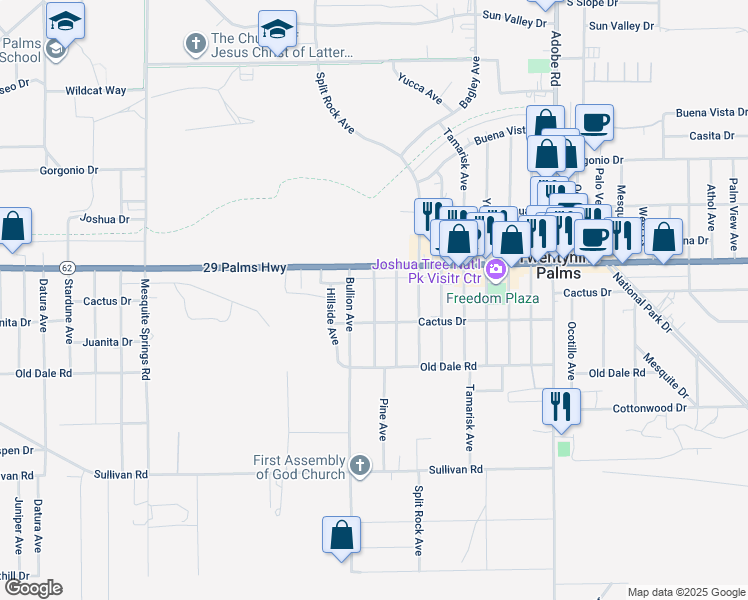 map of restaurants, bars, coffee shops, grocery stores, and more near Pine Avenue in Twentynine Palms