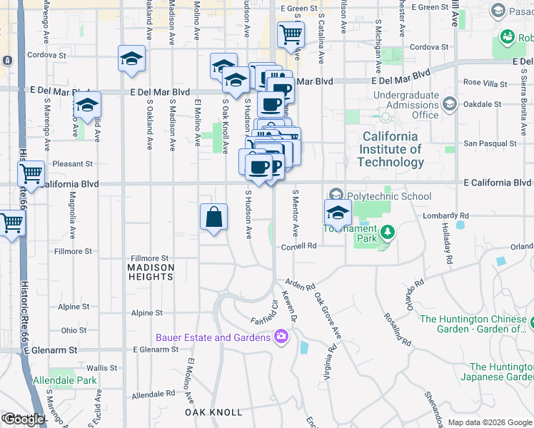 map of restaurants, bars, coffee shops, grocery stores, and more near 677 South Lake Avenue in Pasadena