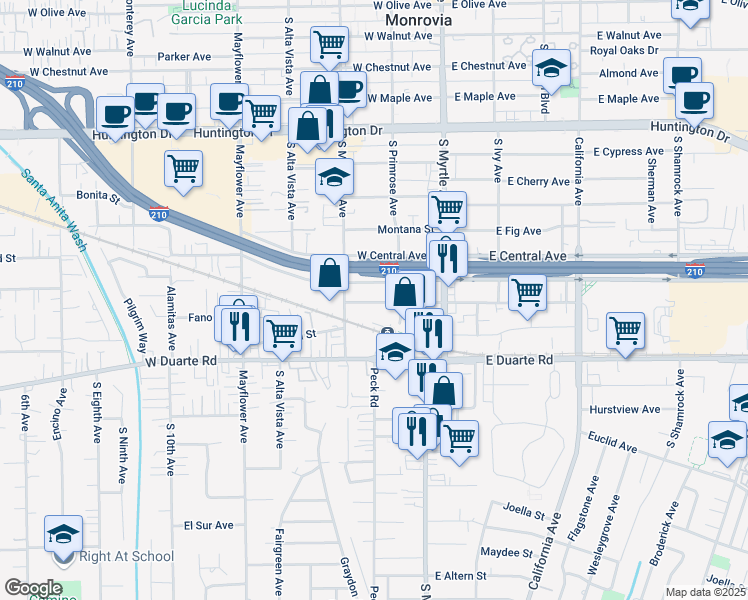 map of restaurants, bars, coffee shops, grocery stores, and more near 228 West Pomona Avenue in Monrovia