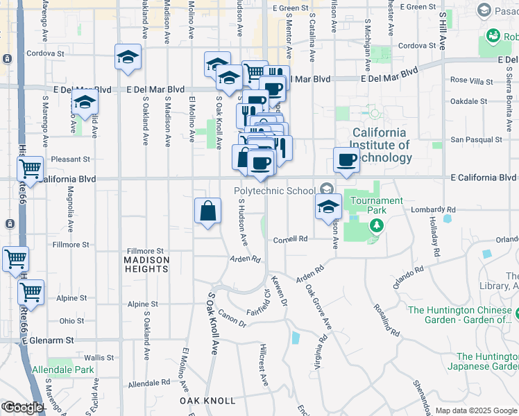 map of restaurants, bars, coffee shops, grocery stores, and more near 665 South Lake Avenue in Pasadena