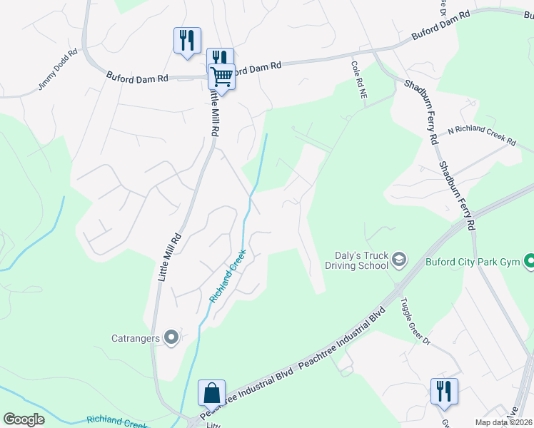 map of restaurants, bars, coffee shops, grocery stores, and more near 2210 Mina Lane Drive Northeast in Buford