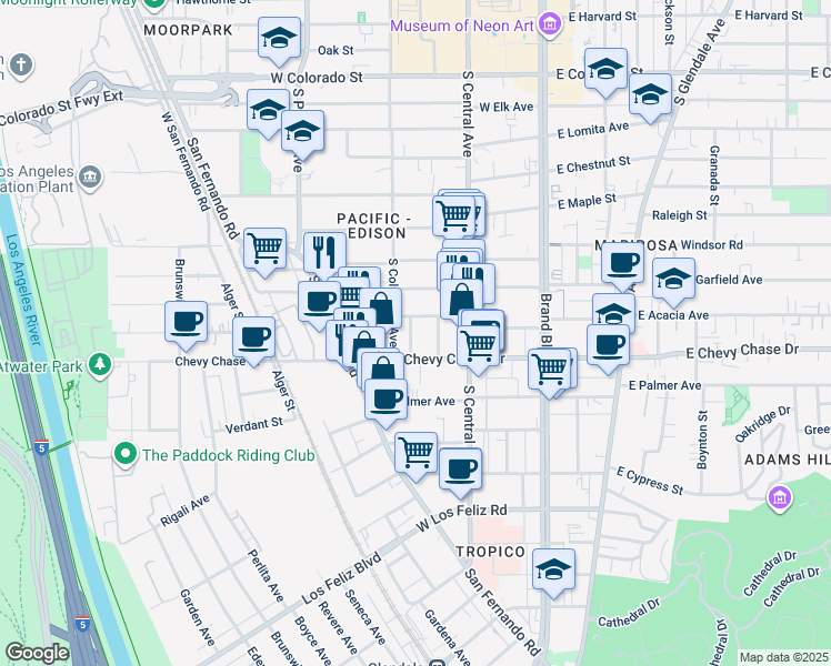 map of restaurants, bars, coffee shops, grocery stores, and more near 1099 Florence Place in Glendale