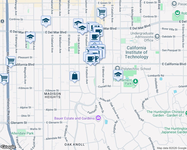 map of restaurants, bars, coffee shops, grocery stores, and more near 665 South Lake Avenue in Pasadena
