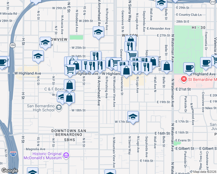 map of restaurants, bars, coffee shops, grocery stores, and more near 2111 North Pershing Avenue in San Bernardino
