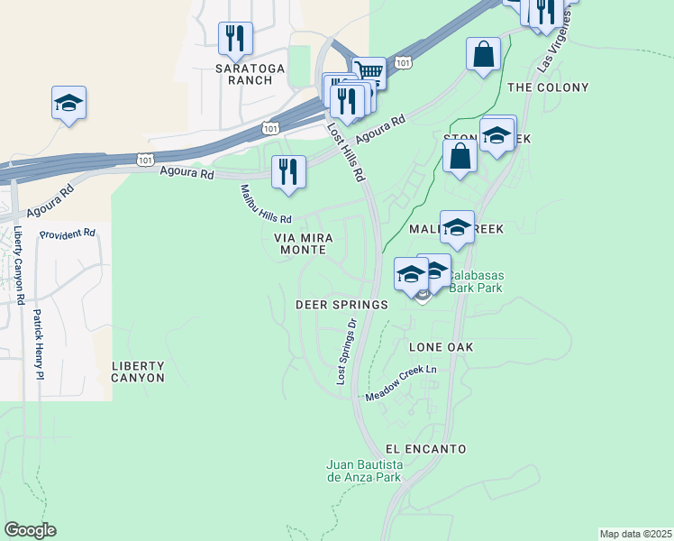map of restaurants, bars, coffee shops, grocery stores, and more near 26814 Cold Springs Street in Agoura Hills