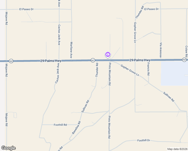 map of restaurants, bars, coffee shops, grocery stores, and more near 6615 Thunder Road in Twentynine Palms