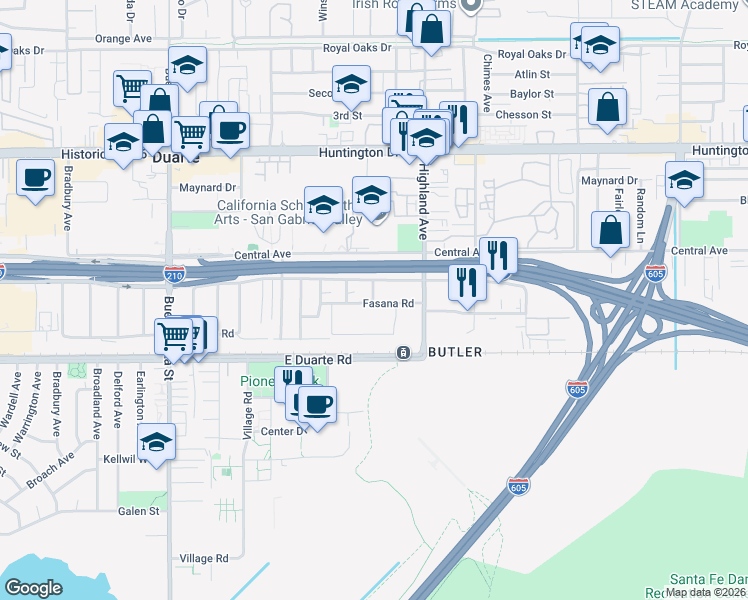 map of restaurants, bars, coffee shops, grocery stores, and more near 1700 Business Center Drive in Duarte