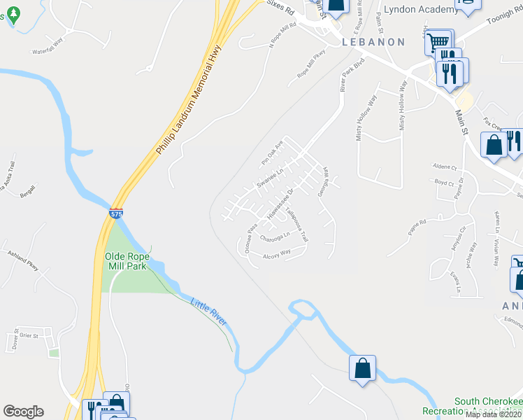 map of restaurants, bars, coffee shops, grocery stores, and more near 292 Hiawassee Drive in Woodstock