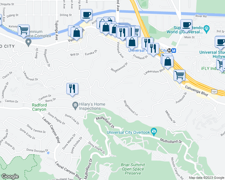 map of restaurants, bars, coffee shops, grocery stores, and more near 3540 Willowcrest Avenue in Los Angeles