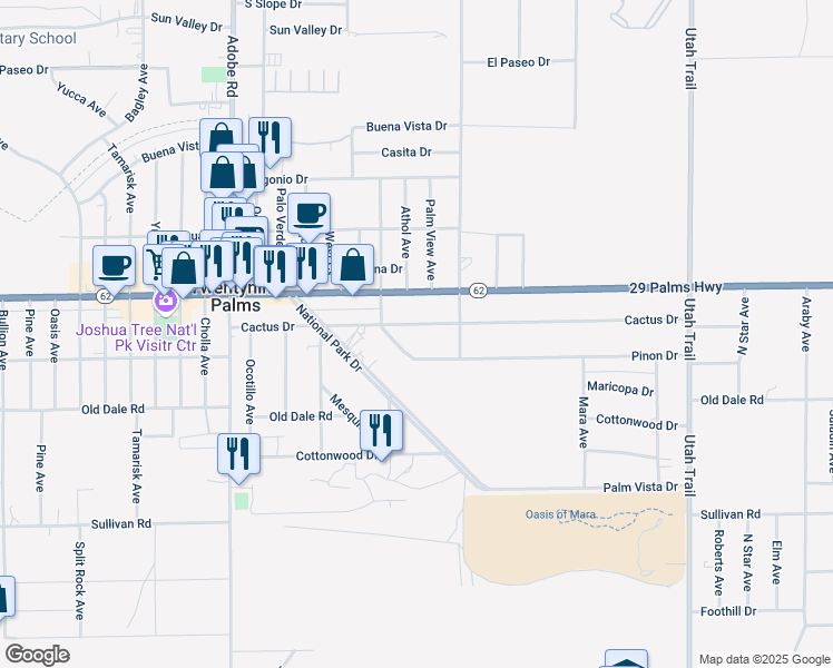 map of restaurants, bars, coffee shops, grocery stores, and more near 74029 Cactus Drive in Twentynine Palms