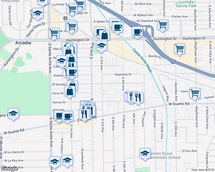 map of restaurants, bars, coffee shops, grocery stores, and more near 316 El Dorado Street in Arcadia