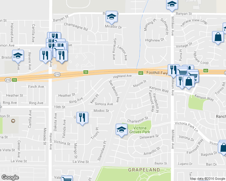 map of restaurants, bars, coffee shops, grocery stores, and more near 6592 San Benito Avenue in Rancho Cucamonga