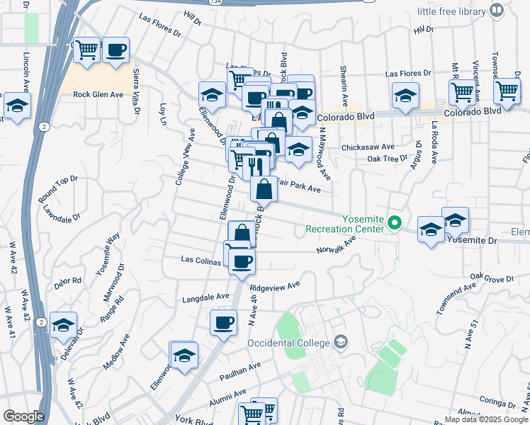 map of restaurants, bars, coffee shops, grocery stores, and more near 4866 Eagle Rock Boulevard in Los Angeles