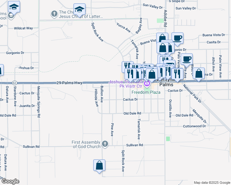 map of restaurants, bars, coffee shops, grocery stores, and more near 6568 Oasis Avenue in Twentynine Palms