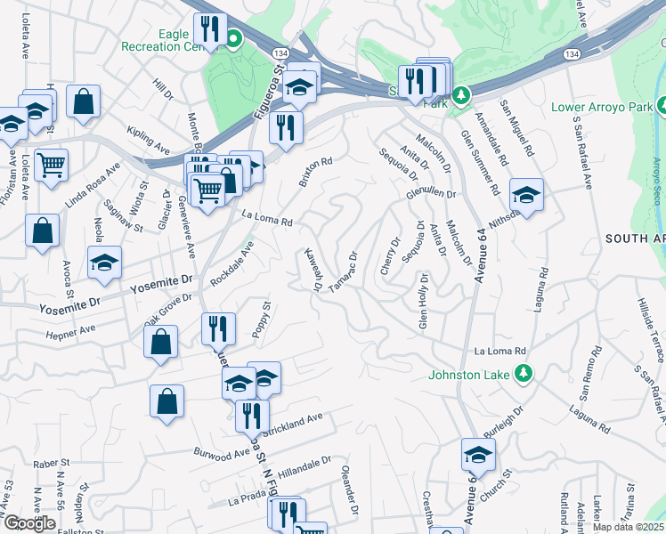map of restaurants, bars, coffee shops, grocery stores, and more near 1726 La Loma Road in Pasadena