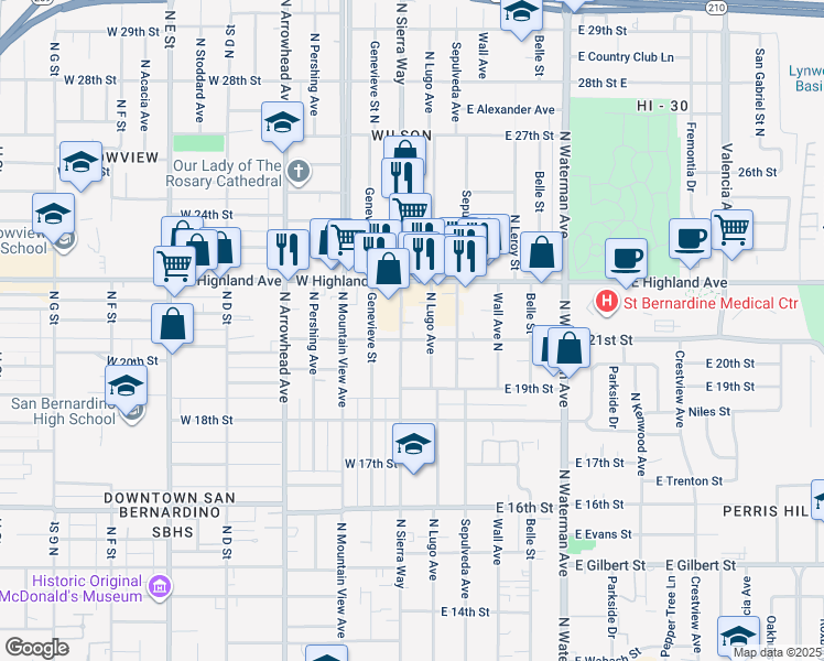 map of restaurants, bars, coffee shops, grocery stores, and more near 139 East 21st Street in San Bernardino