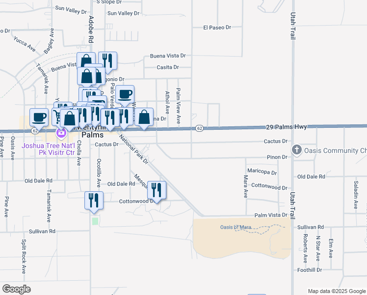 map of restaurants, bars, coffee shops, grocery stores, and more near 74077 Cactus Drive in Twentynine Palms