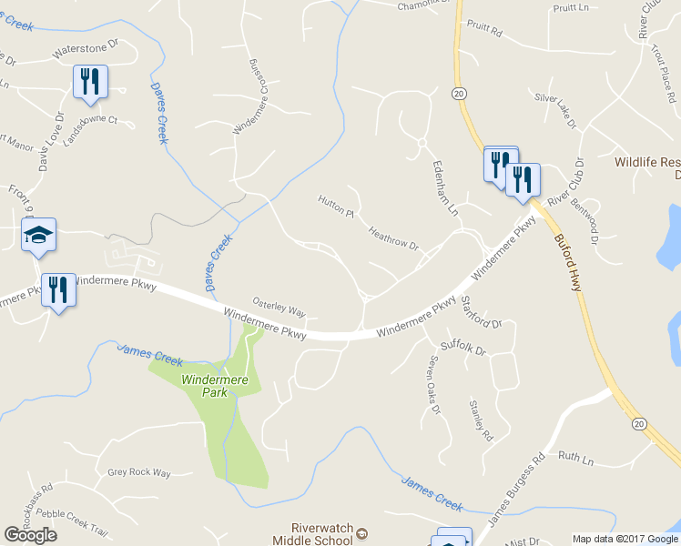 map of restaurants, bars, coffee shops, grocery stores, and more near 1045 Windermere Crossing in Cumming