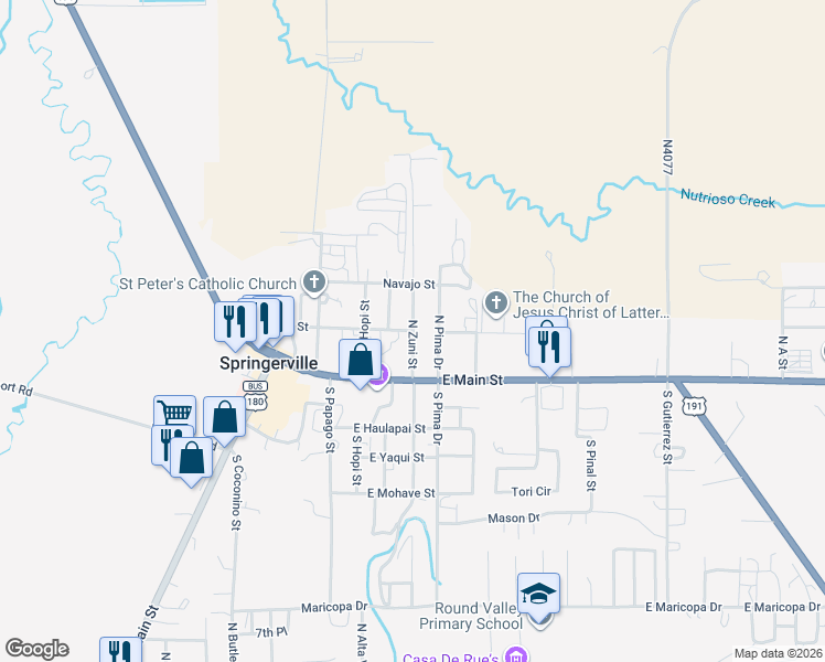 map of restaurants, bars, coffee shops, grocery stores, and more near 498 Apache Street in Springerville