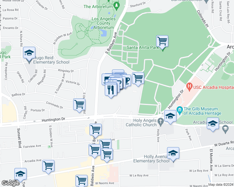 map of restaurants, bars, coffee shops, grocery stores, and more near 400 South Baldwin Avenue in Arcadia