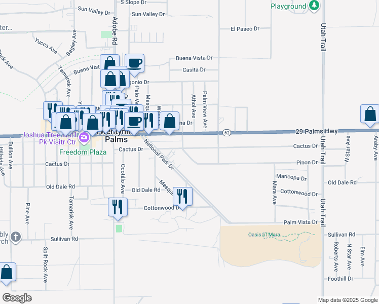 map of restaurants, bars, coffee shops, grocery stores, and more near 74016 Maricopa Drive in Twentynine Palms
