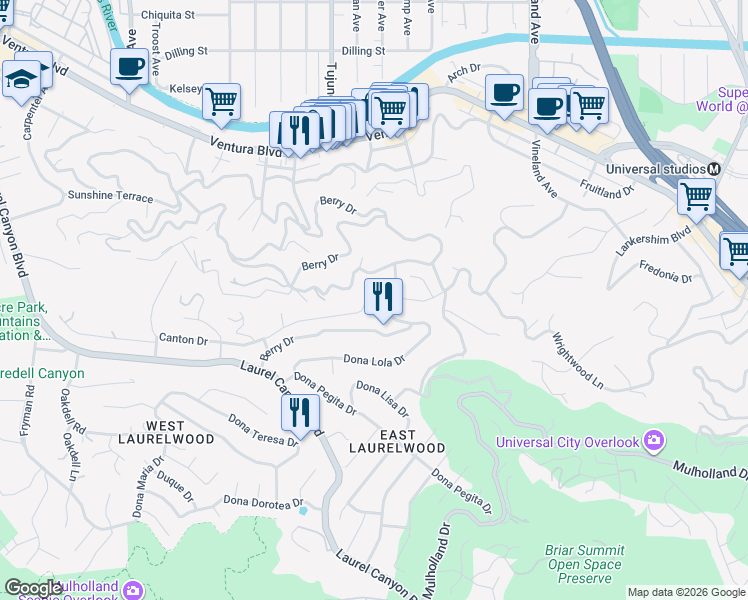 map of restaurants, bars, coffee shops, grocery stores, and more near 3421 Berry Drive in Los Angeles