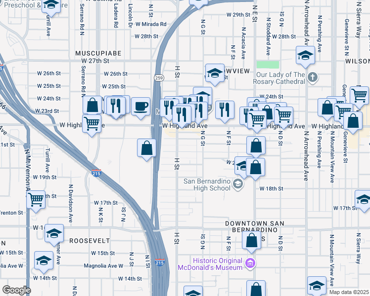map of restaurants, bars, coffee shops, grocery stores, and more near 772 West 20th Street in San Bernardino