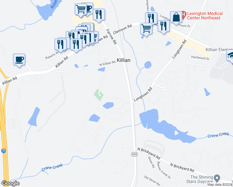 map of restaurants, bars, coffee shops, grocery stores, and more near 9569 Farrow Road in Columbia