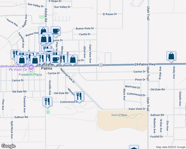 map of restaurants, bars, coffee shops, grocery stores, and more near 74084 Pinon Drive in Twentynine Palms