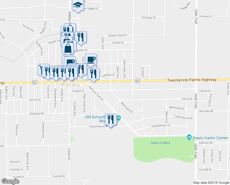map of restaurants, bars, coffee shops, grocery stores, and more near 74016 Maricopa Drive in Twentynine Palms