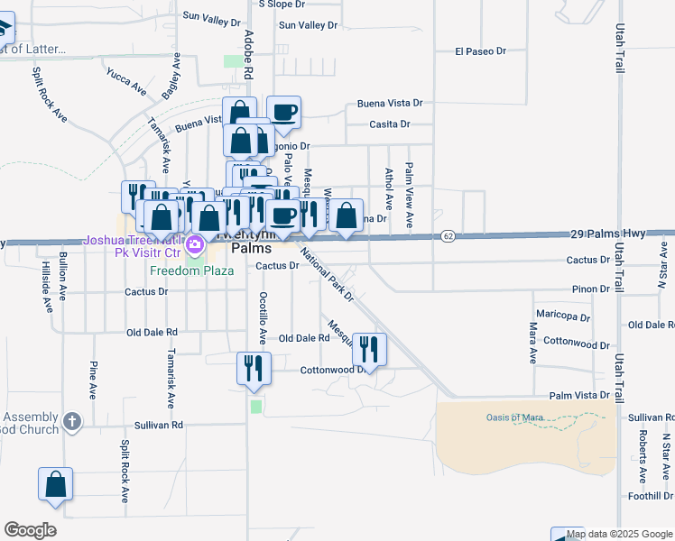 map of restaurants, bars, coffee shops, grocery stores, and more near 6605 Mesquite Avenue in Twentynine Palms