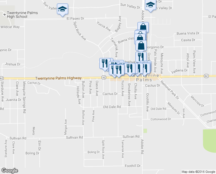 map of restaurants, bars, coffee shops, grocery stores, and more near 6580 Desert Queen Avenue in Twentynine Palms