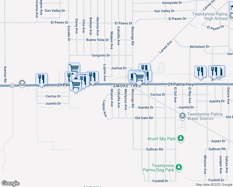 map of restaurants, bars, coffee shops, grocery stores, and more near 6577 Cahuilla Avenue in Twentynine Palms