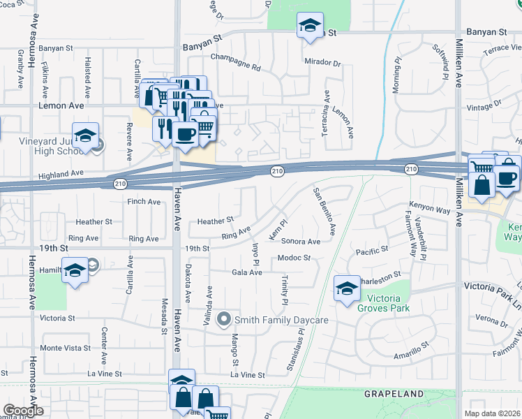 map of restaurants, bars, coffee shops, grocery stores, and more near 10771 Ring Avenue in Rancho Cucamonga